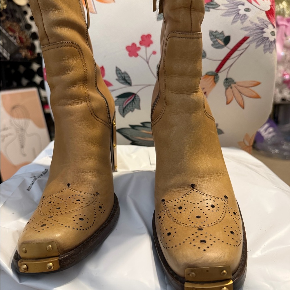 Miu Miu Tan Leather Mid-Calf Heeled Boots with Decorative Perforation - Picture 2 of 5